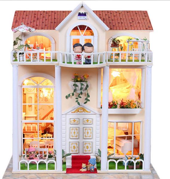 Dollhouse, DIY Lights plush House, Wooden Model, Luxury villas, Seaview,