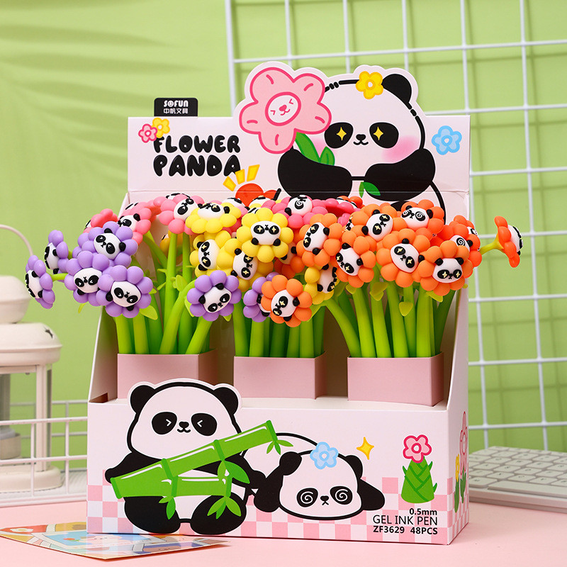 Panda Flower Pens Rose Shaped Ballpoint Pen Creative Liquid Black 0.5mm Gel Ink Rollerball Pen For Girls Women, Office School Decoration Supplies