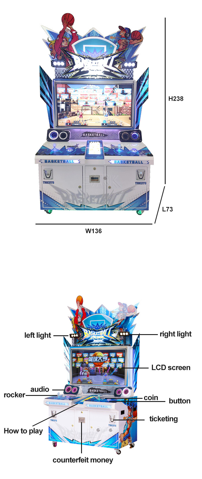 Ticket Redemption Arcade Machine 2 Players Basketball Shooting Game