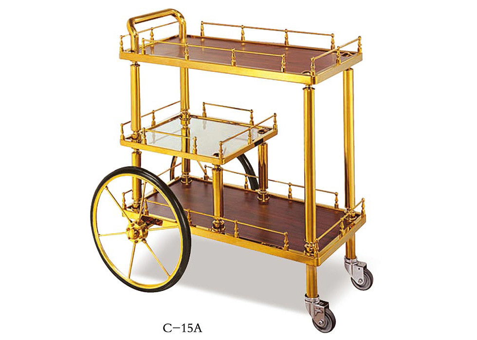 Big Wheel Room Service Equipments Wine Serving Cart Mirror - Gold Finish Fire - Proof Laminated
