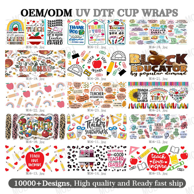 1000 Designs Teachers' Day Wholesale Custom Gift Life Label Waterproof Cup Wrap Transfers Uv Dtf Sticker For 16oz