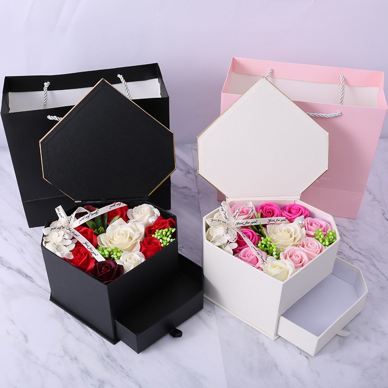 Custom 20x12 Flower Bouquet Box Black Diamond Shaped Jewelry Chocolate Gift With Drawer