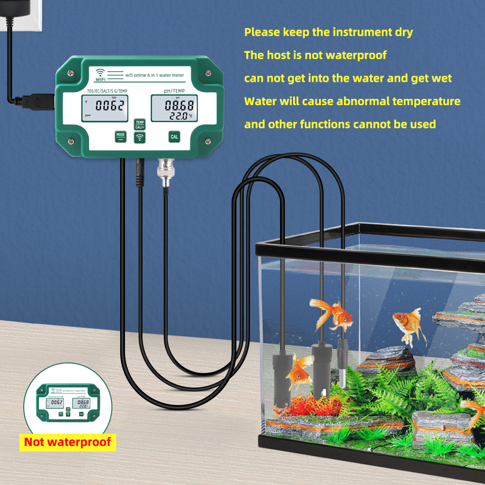 6-in-1 Wifi Water Tester for PH/EC/TDS/SALT/G.S/Temp Meter TUYA APP Online Monitoring