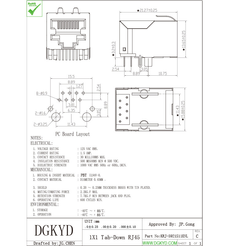 21.3mm Length Tap Down RJ45 Shielded Connector Without Transformer For Net Card