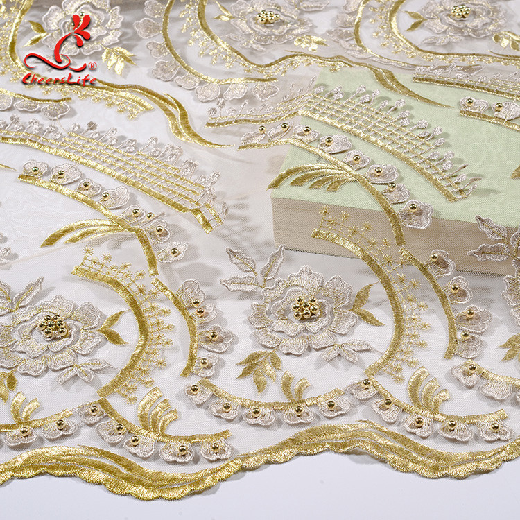 Heavy Tulle Beaded Embroidered Lace Fabric For Bridal Dress Azo Free Dyeing