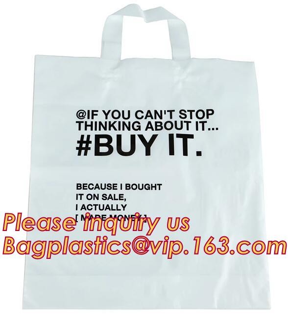 Custom Printed Stand Up Block BottomSoft Loop Handle Plastic Carrier Shopping Bag，Plastic Soft Loop Handle Bag for Shopp
