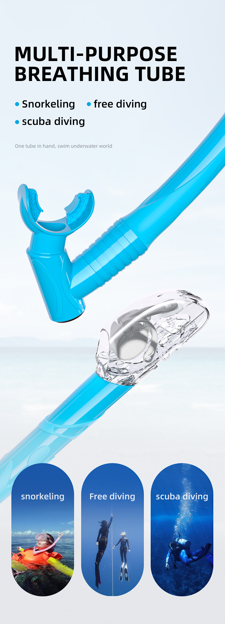 OEM Universal Dry Valve Snorkel Underwater Breathing Tube For Spearfishing