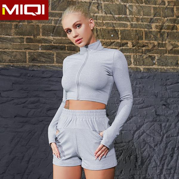 High Waist Workout Fitness Boom Crop Top Long Sleeve Jacket Workout Shorts With