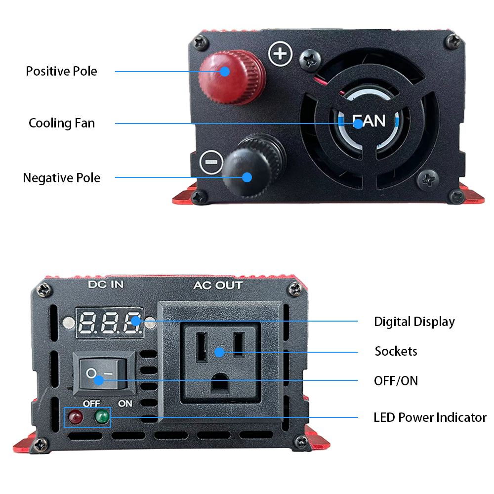110V/220V/230V Output Voltage LED Display 800W 1000W 1300W 12V 24V DC to AC Pure Sine Wave Car Power Inverter