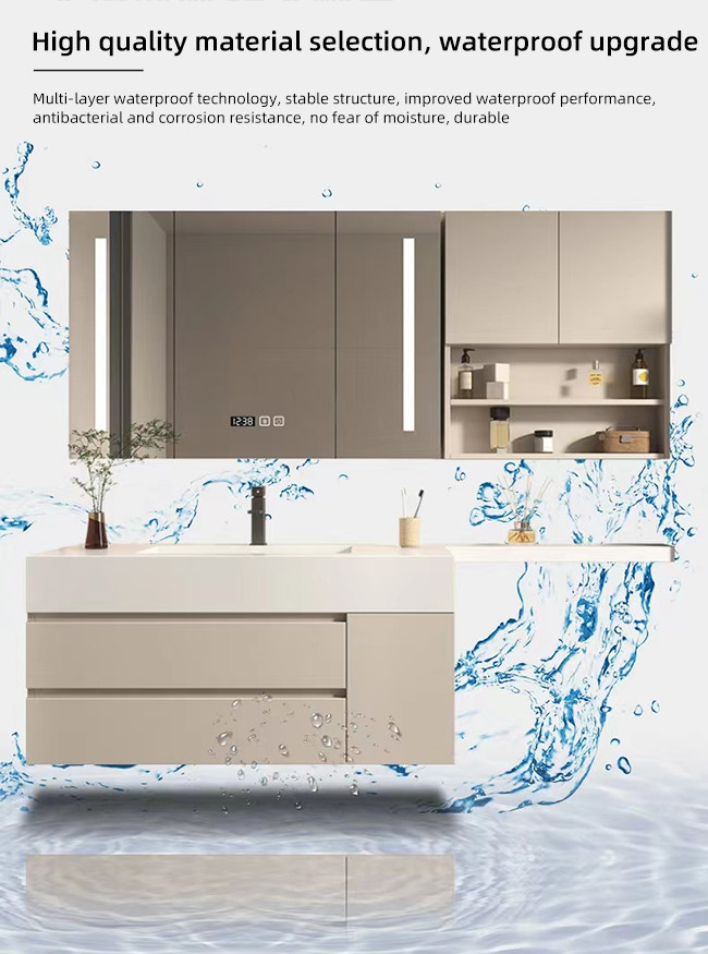 Cream Butter Style Mirrored Bathroom Vanity Cabinet With Seamless Splicing Basin