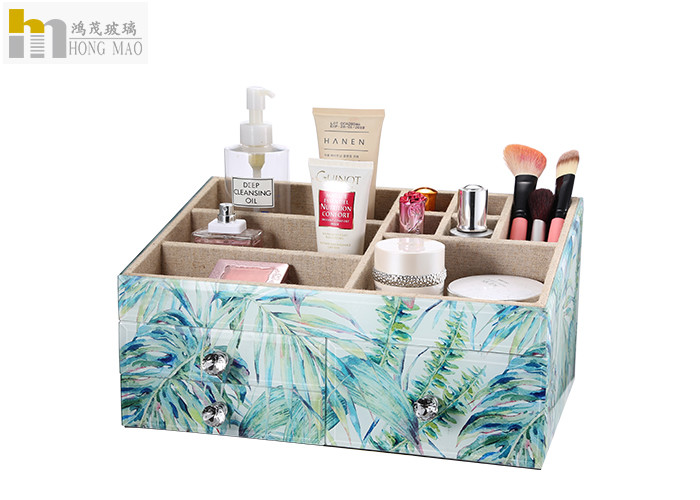 Square Desk Organiser Box / Glass Makeup Storage Box Tropical Rainforest Pattern