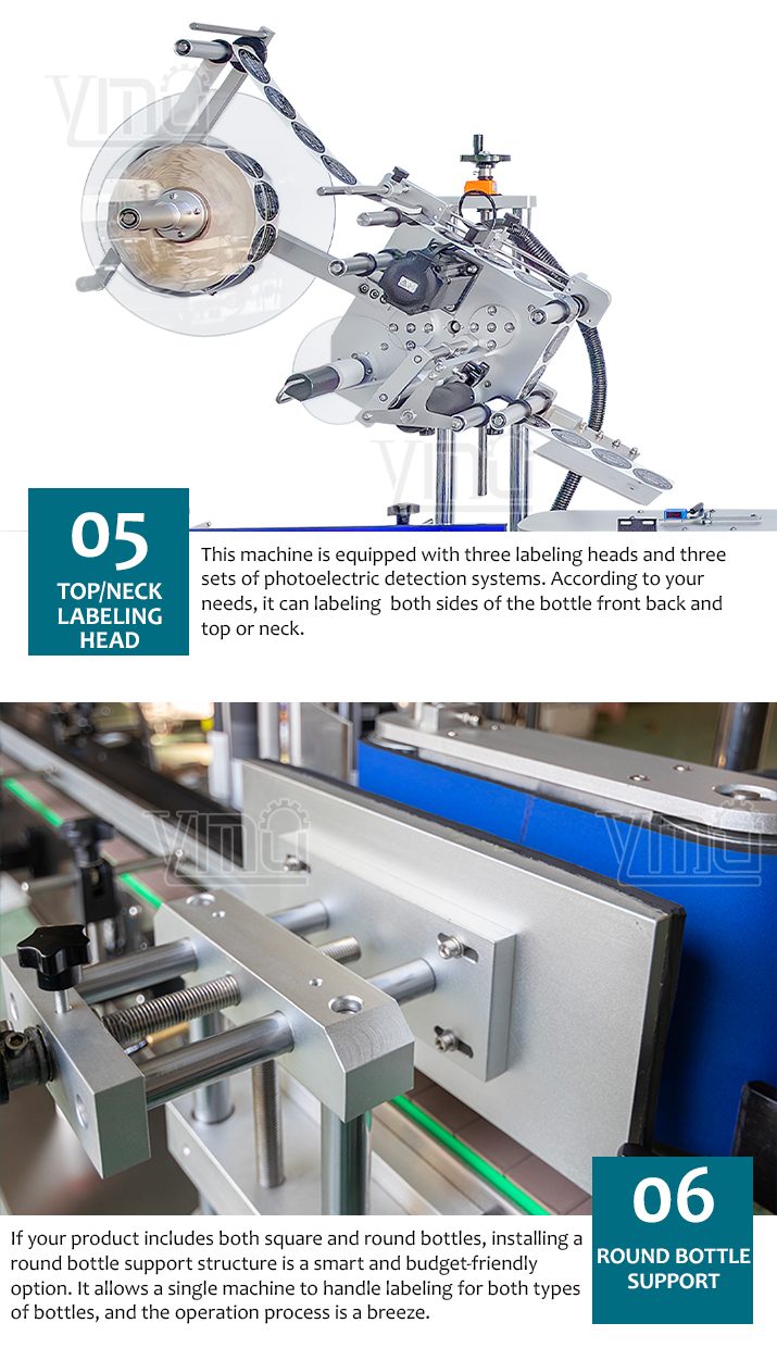 YM630 3 heads Fully Automatic Roll to Roll three sides Flat Square Bottle Labeler