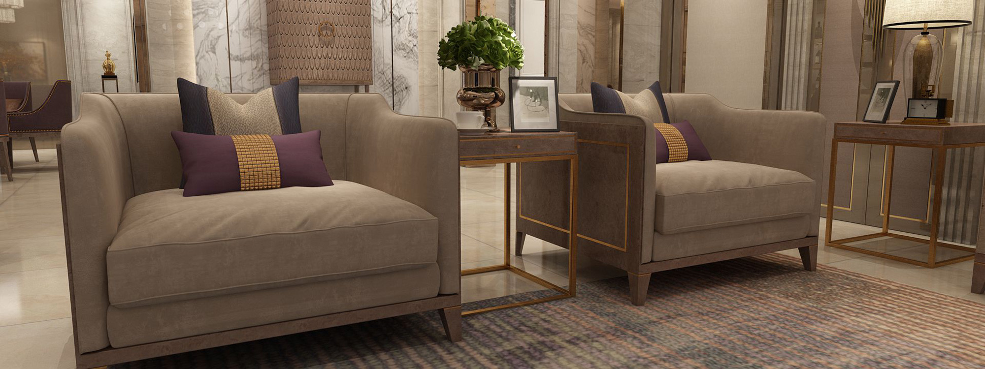 Fashion luxury design of Hotel Lobby furniture reception sofa set made by Leather cushion in Glossy painting legs