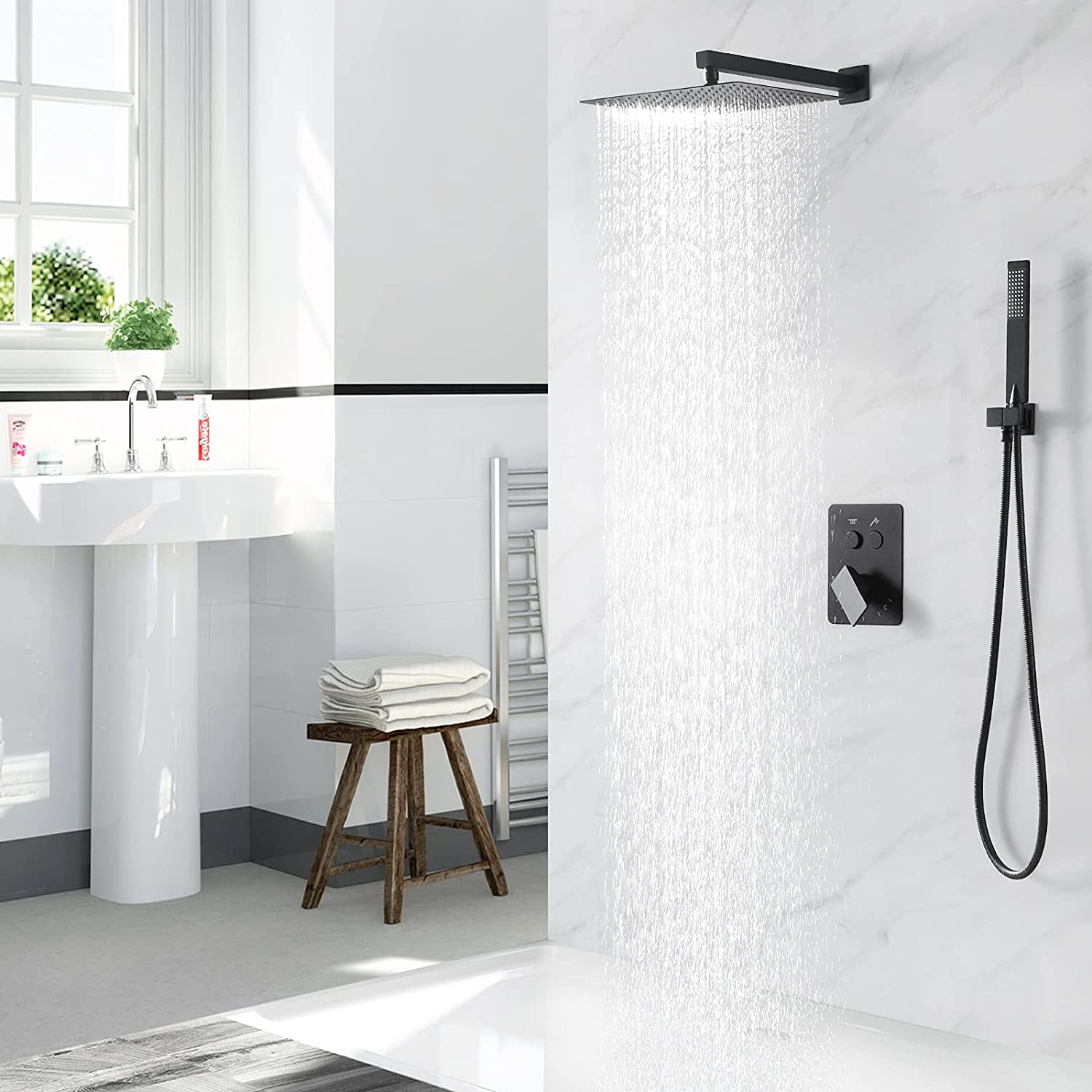 OEM ODM 12 Inch square waterfall cabezal de ducha shower bathroom mixer set black column shower head