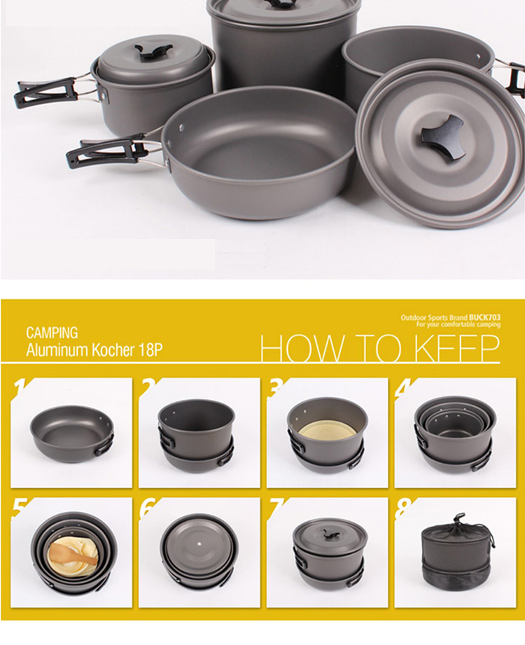 Outdoor Pots And Pans Portable 5 - 6 People Aluminum Alloy Cookware Set