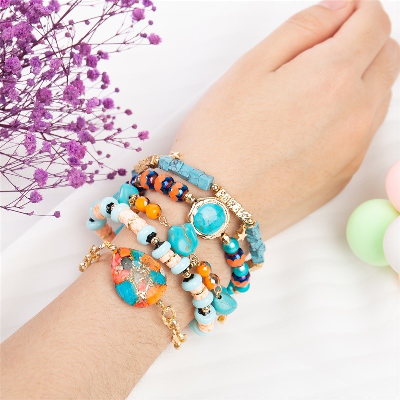Irregularity Blue Turquoise Stretchy Crystal Bracelets With Magnetic Button
