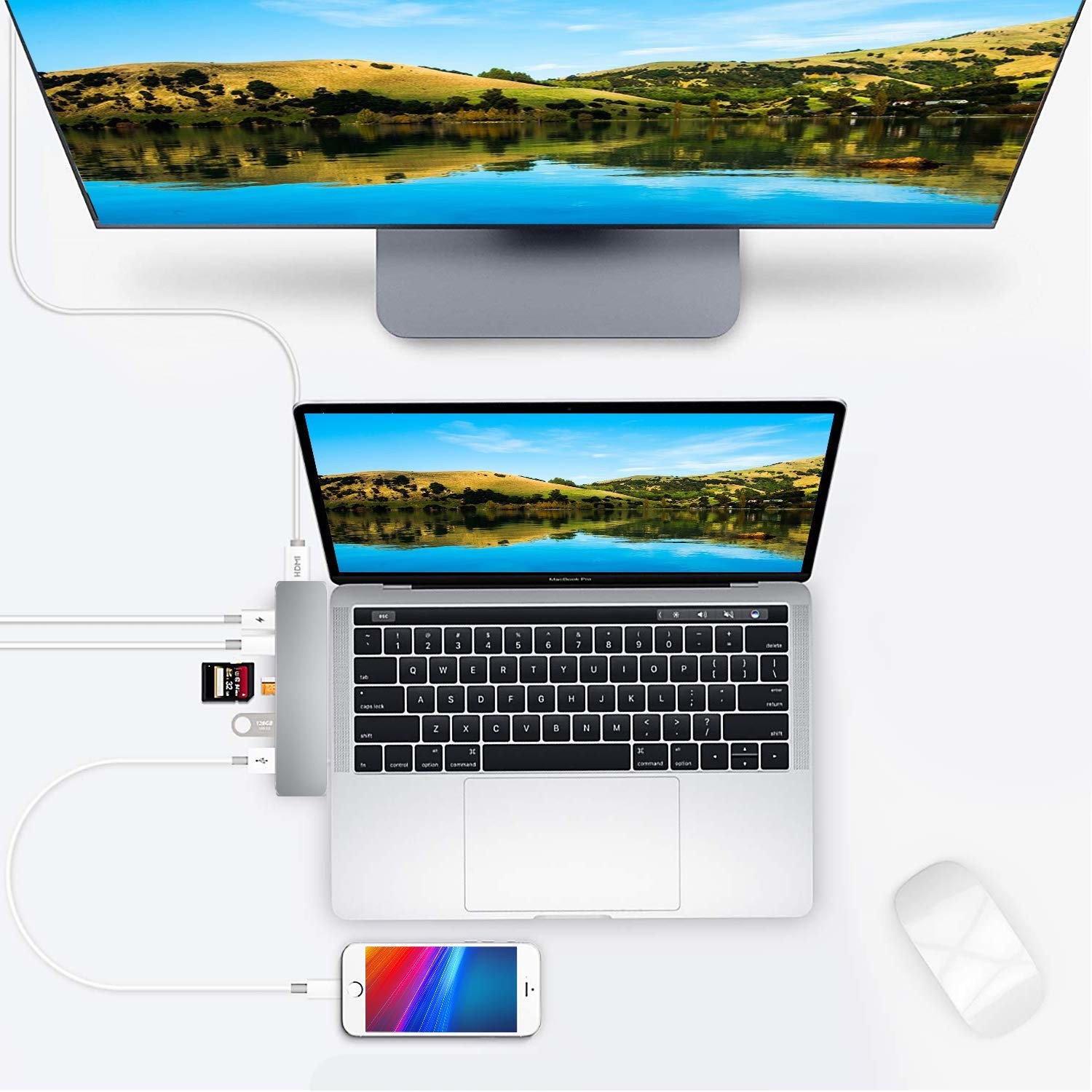 Multifunction aluminium thunderbolt 3 dual usb c to 7 in 1 combo type c interface usb-c hub for Apple