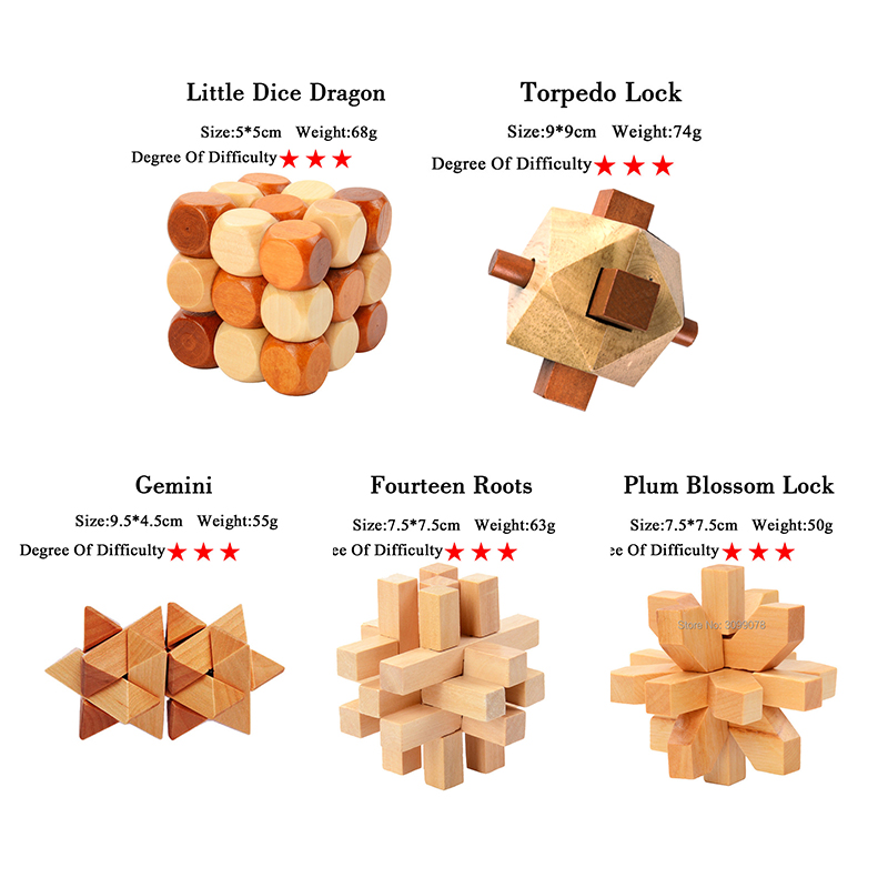 Wooden Kong Ming Puzzles Set Luban Lock IQ Puzzle Game for Adult Kids Time Killer Brain Teaser 3 Levels Degree Game Toy