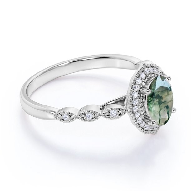Prong Halo Oval Cut Milky White Dendritic Green Agate And Moissanite Miligreen Antique Design Engagement Ring