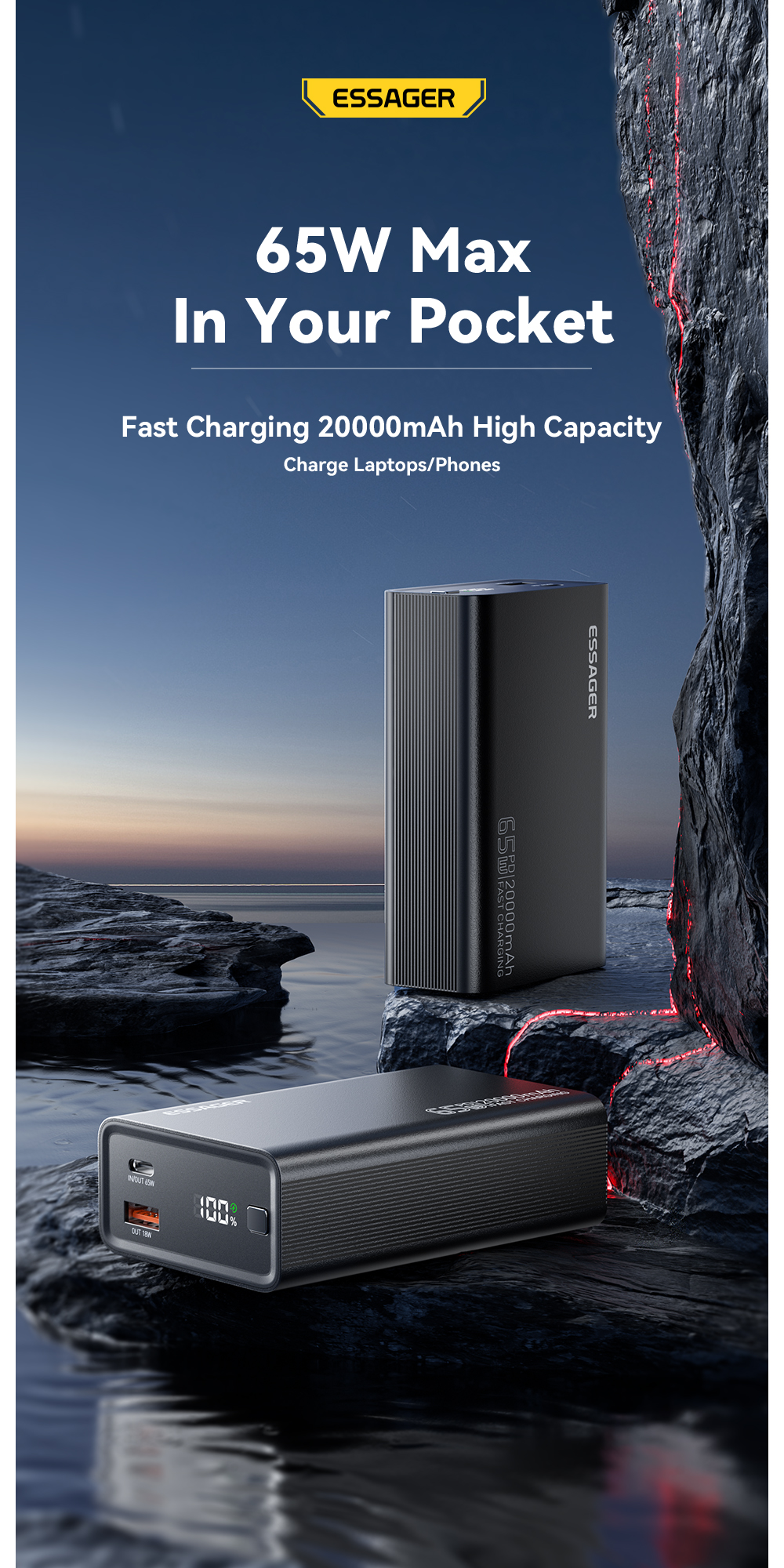 ESSAGER F2014 Series USB C 18W USB Power Bank 20000mah 65W For Phone
