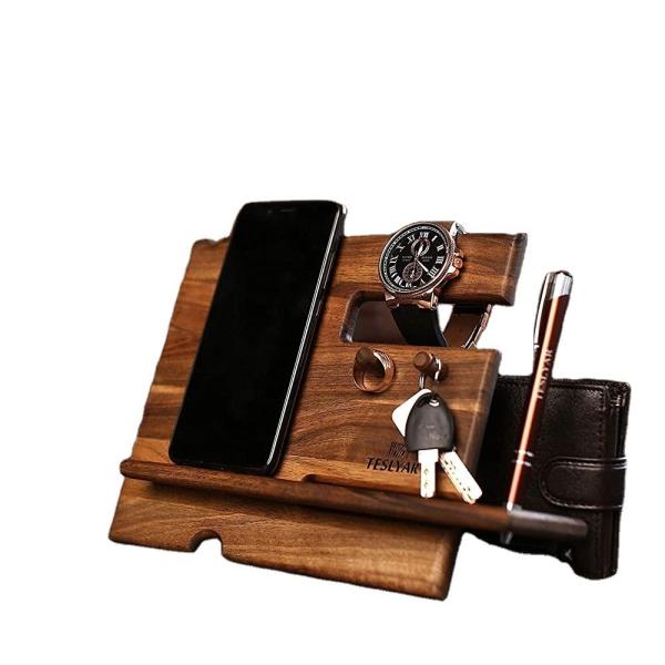 Wooden Phone Docking Station Bedside Nightstand Organizer for Phone Wallet Watch