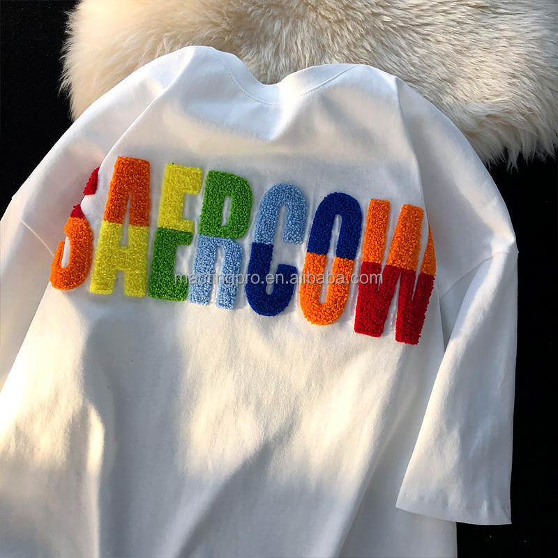 Logo design Custom 100% Cotton Round Neck Tshirt Towel with Chenille Embroidery Patch