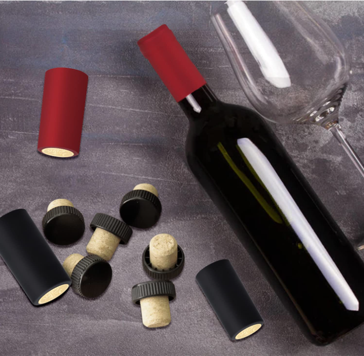 Custom Wine Bottle Cork With Black Plastic Top PVC Heat Shrink Capsule Bottle Seal