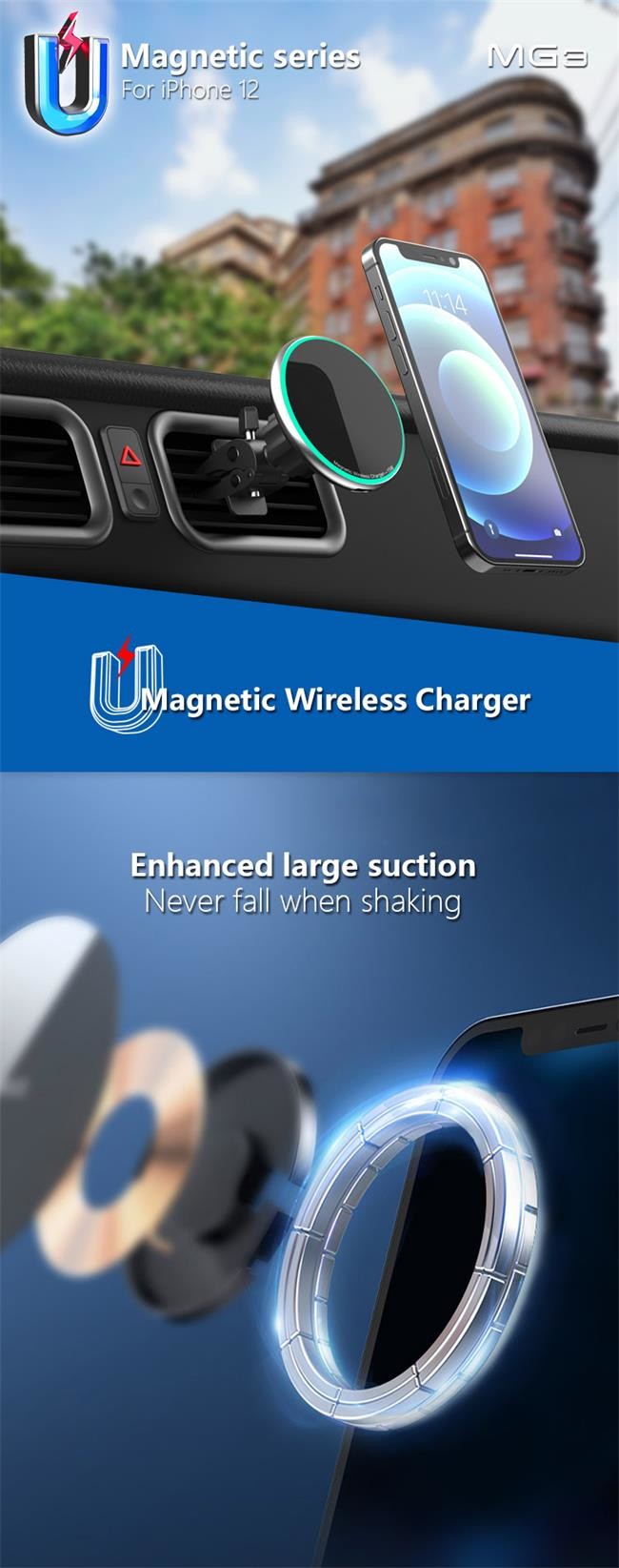 Metal 15w Qi Wireless Charger Portable Magsafe Car Phone Holder