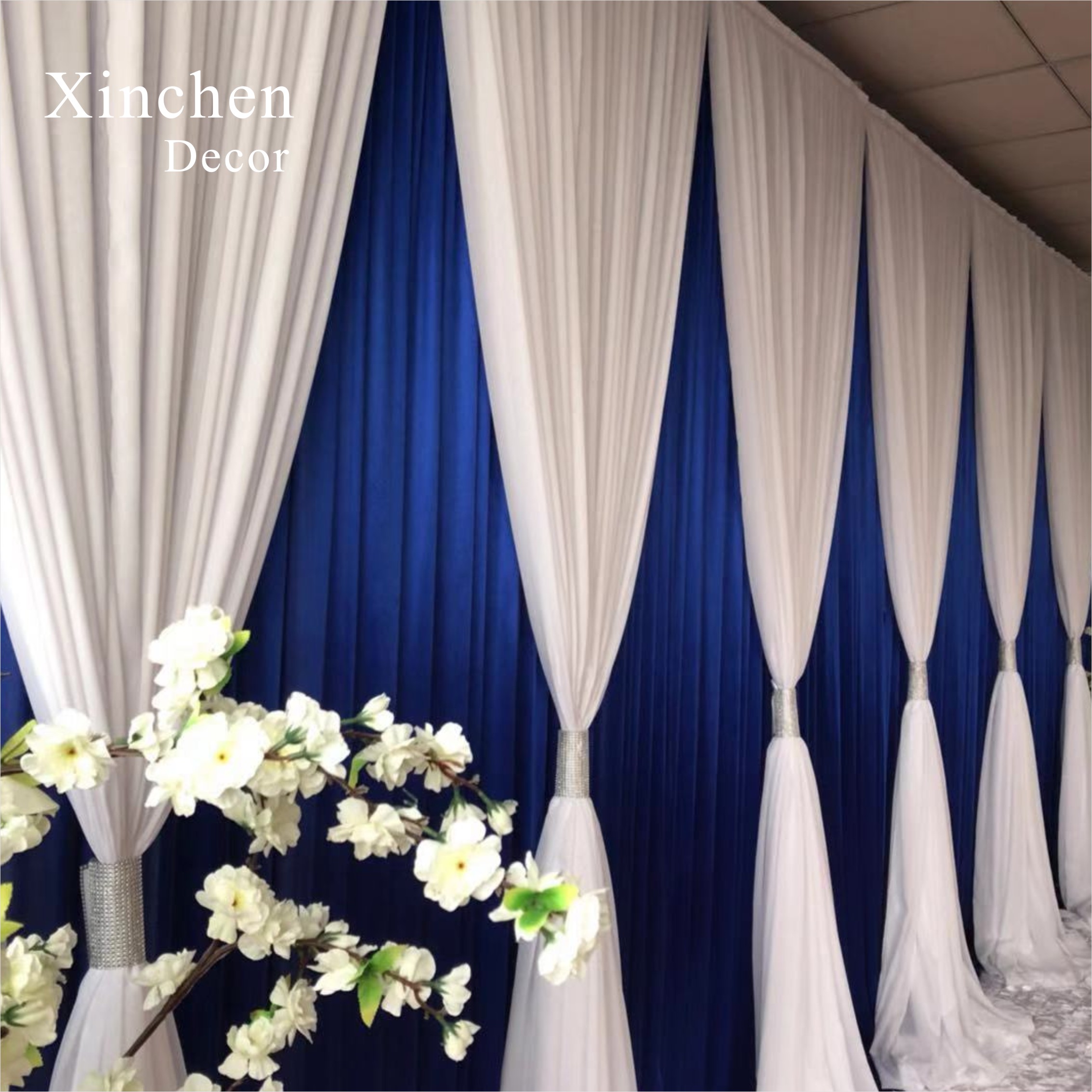 Hot Sale Gorgeous blue silk cloth drape valance curtains with ivory tassel