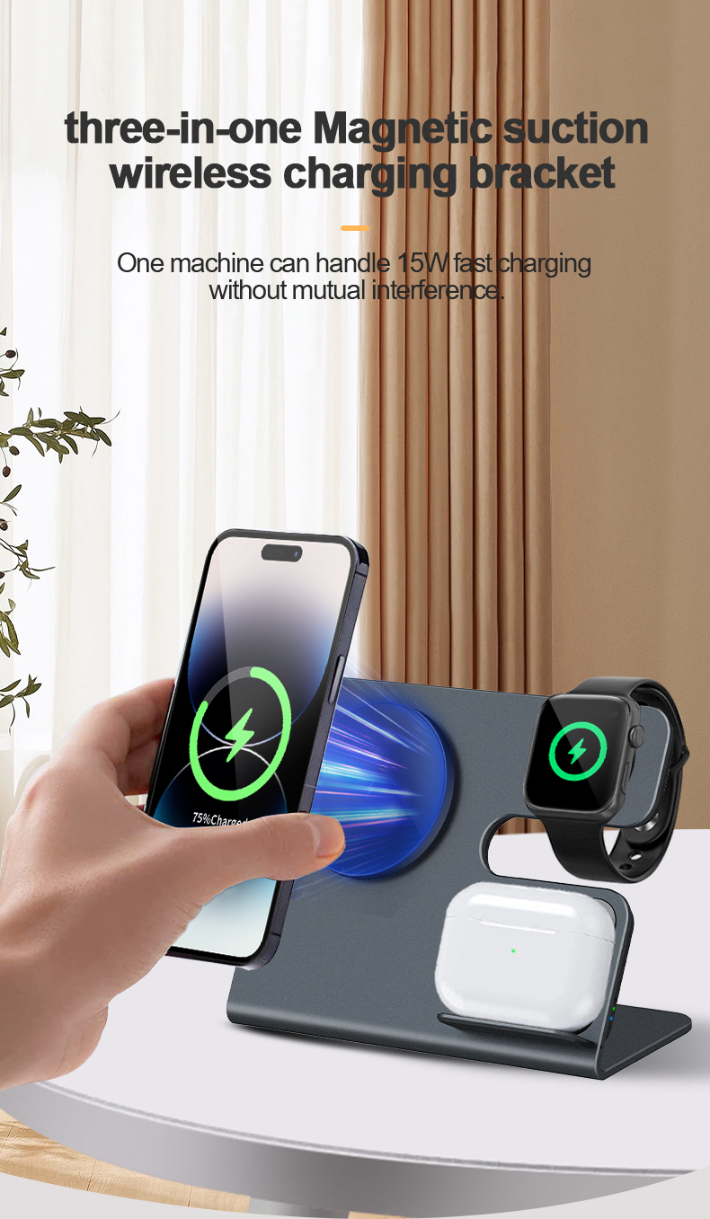 15W Magnetic Wireless Charger 3 In 1 Wireless Charging Stand Cell Phone Charger Fast Charging Short Circuit Protection