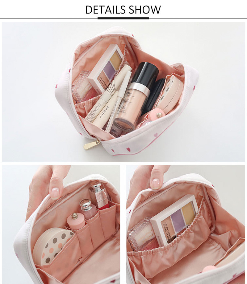 Beautiful Printed Pink Heart Satin Fabric Makeup Brush Bag With Zipper