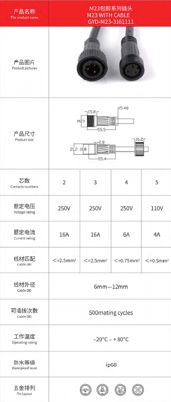 Bett M23 2 3 4 5pin Overmould Waterproof Connector Automotive LED Strip Connector