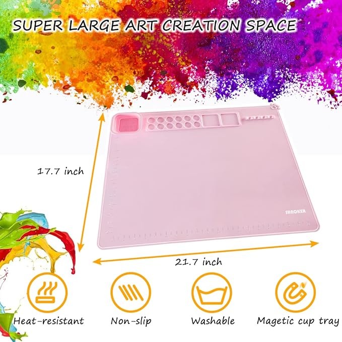 Pink Non Slip Silicone Paint Mat With Cup And Brush Kids And Artist Painting Tools