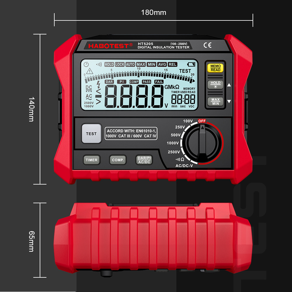 HT5205 Digital Insulation Resistance Tester High-Precision 2500V Voltmeter Resistance Meter 0~200GΩ Megohmeter Ohmmeter