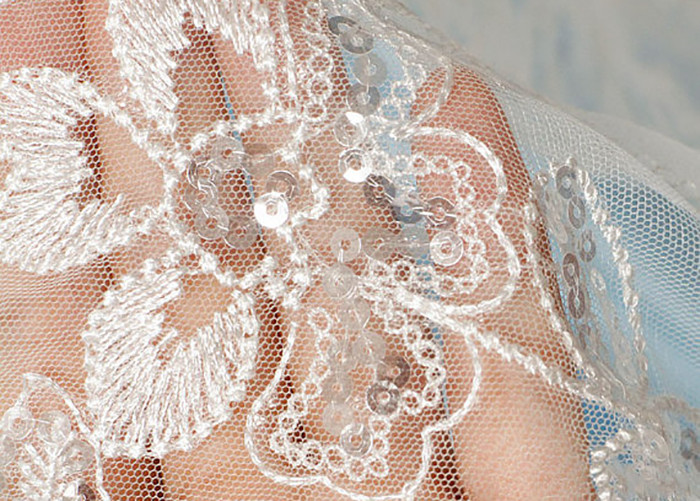 White Floral Embroidery Corded Lace Fabric With Beads And Sequins For Wedding Dress