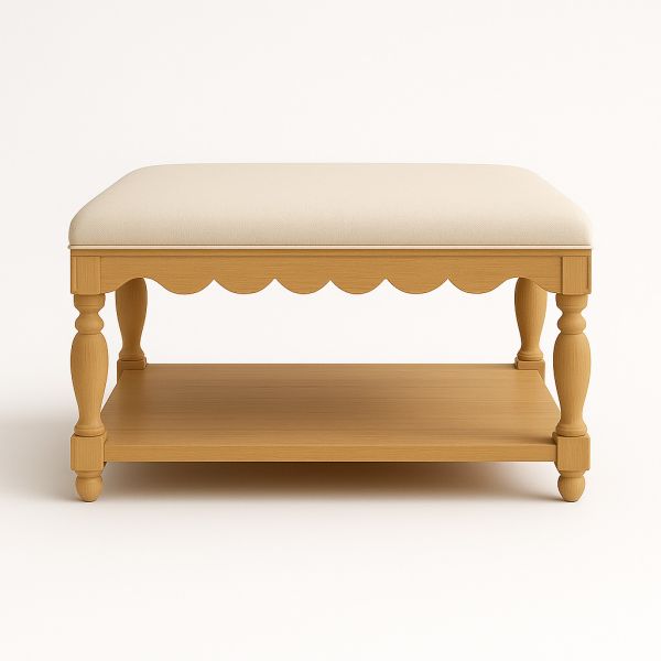 Upholstered Solid Wood Frame Ottoman Coffee Table with Lower Storage Shelf 70×70