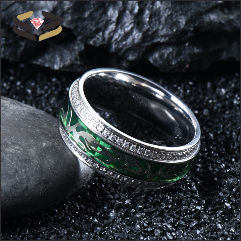 Men Silver Titanium Cubic Zirconia Wedding Band With Silver Clouds And Green Foil Inlay
