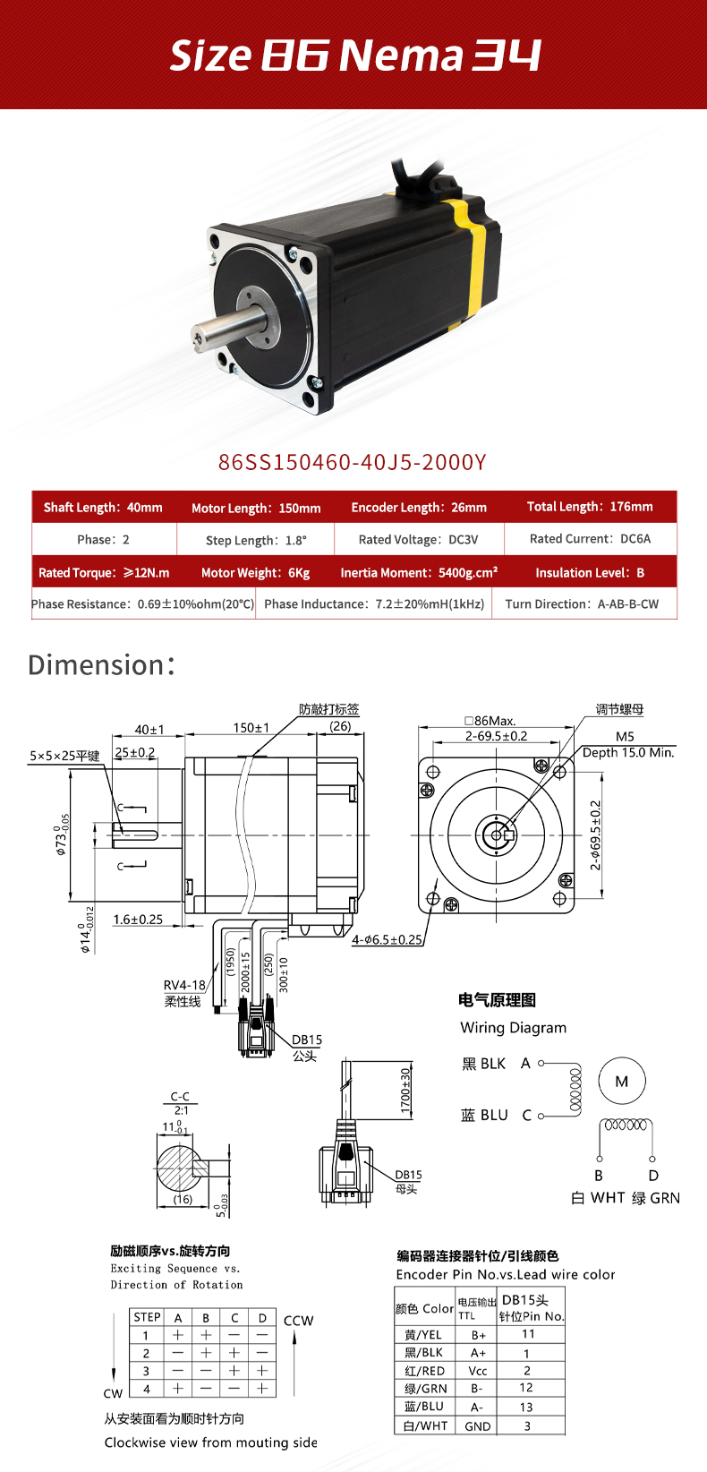 2 Phase Nema 34 Closed Loop Hybrid Set Integrated Stepper Motor 12nm for 80/117/150mm