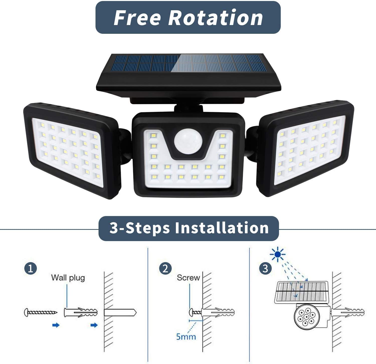 72LED IP65 3 Head Solar Security Light With Motion Sensor 360 Degree