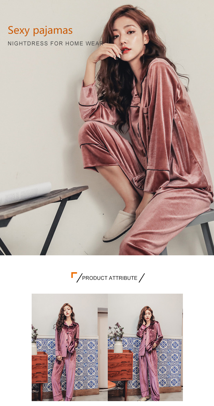Warm Home Wear 2 Piece Nighty Suit Loose Long Sleeves Soft Smooth Velvet Pajamas For Women