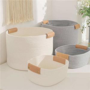 China Decorative Containers KingWell Handwoven Storage Basket With Leather Handles on sale