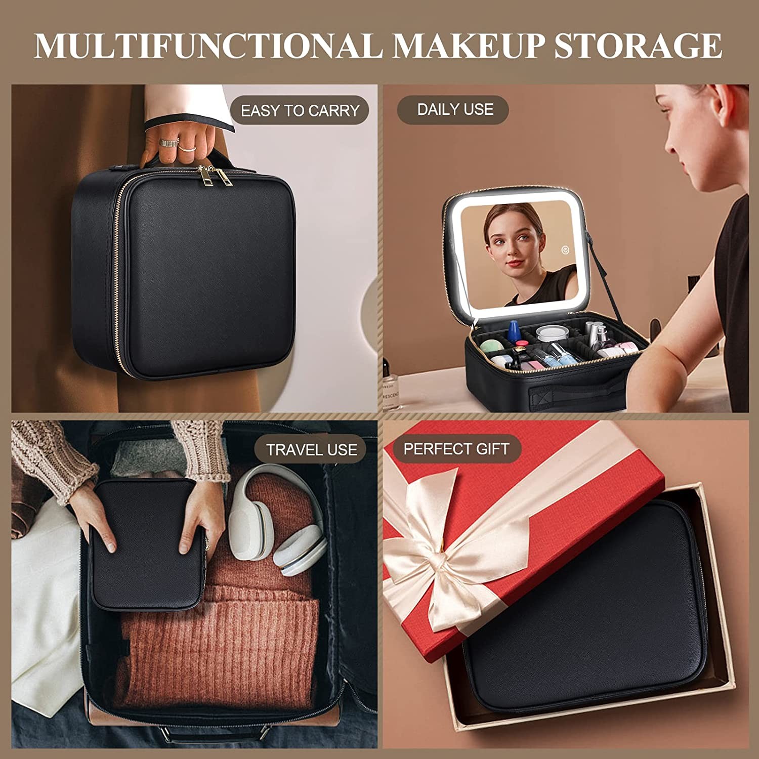 Travel Makeup Case With Lighted Mirror 3 Color Setting, Mother's Day Gift, Cosmetic Makeup Train Case with Adjustable