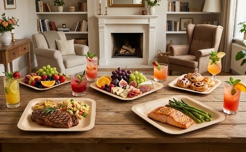 Eco-friendly catering table setting with biodegradable bamboo plates