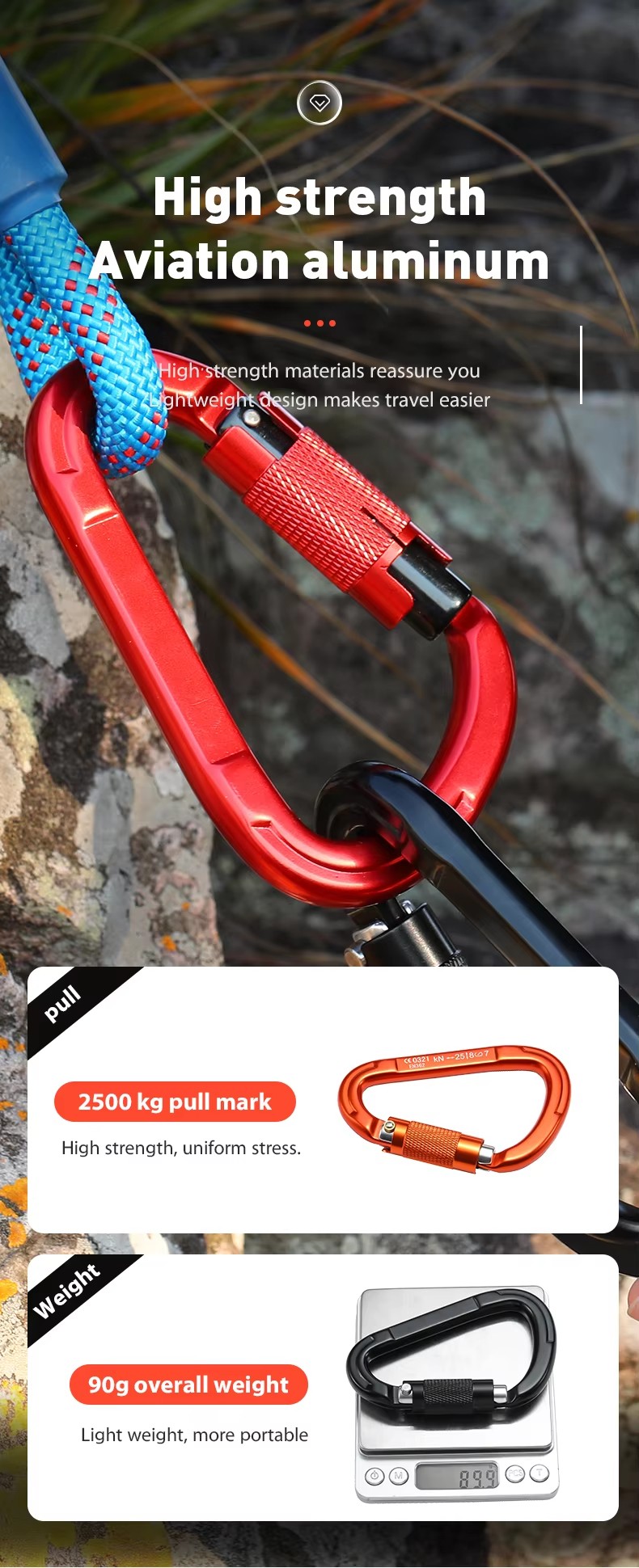 Customized Aluminum D-shape Screw Snap Hook Carabiner for Climbing High Strength 25kn