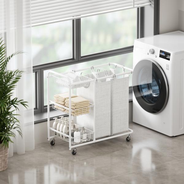 KD Structure Iron Metal Wire Laundry Basket With Wheels Utility 2 Division Big