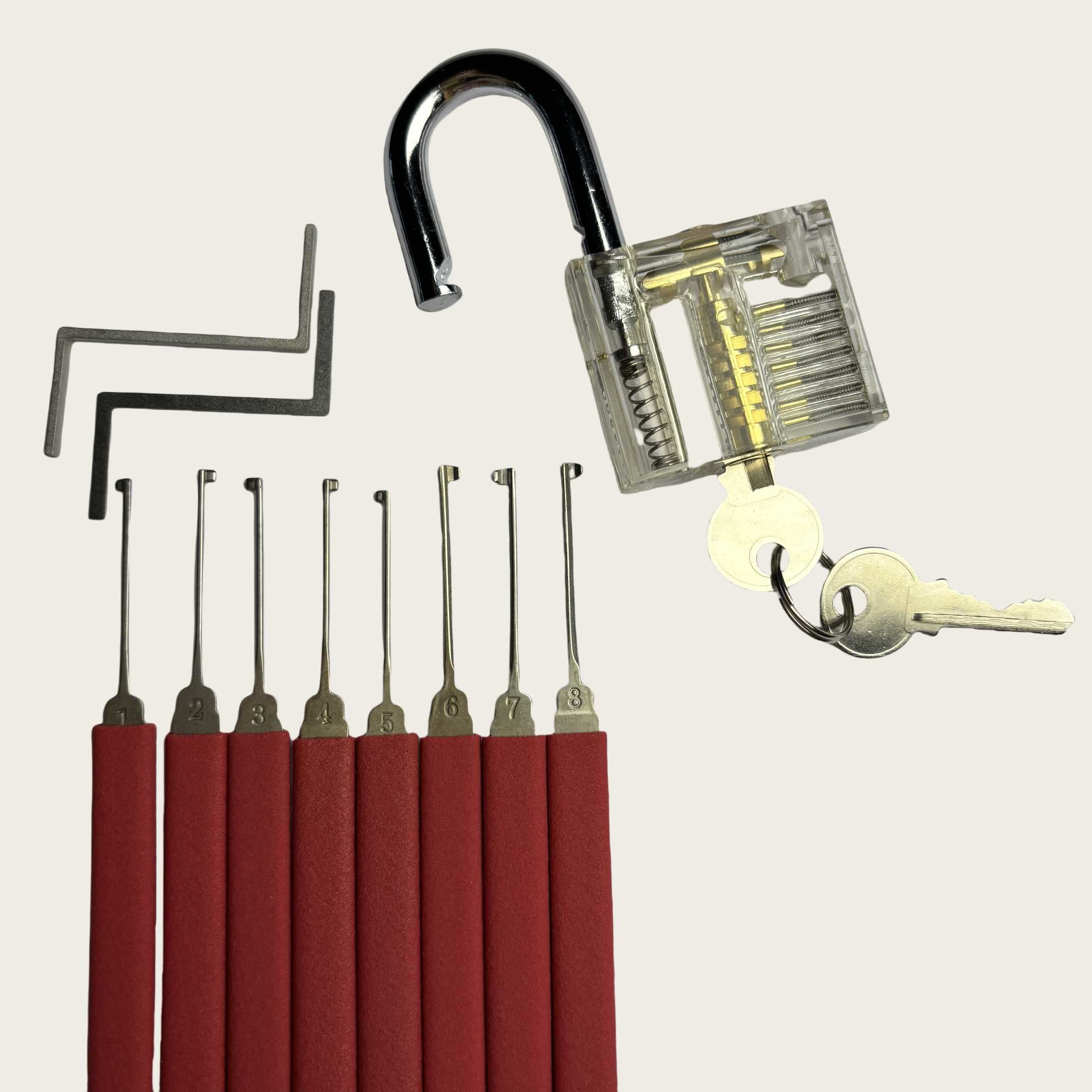 Red Handle Lock Pick Tools 8Pcs Transparent Lock Pick Set For Beginner