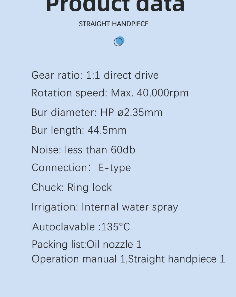 Stainless Steel Dental Straight Nose Cone Handpiece Unit 25000RPM With Inner Water Spray