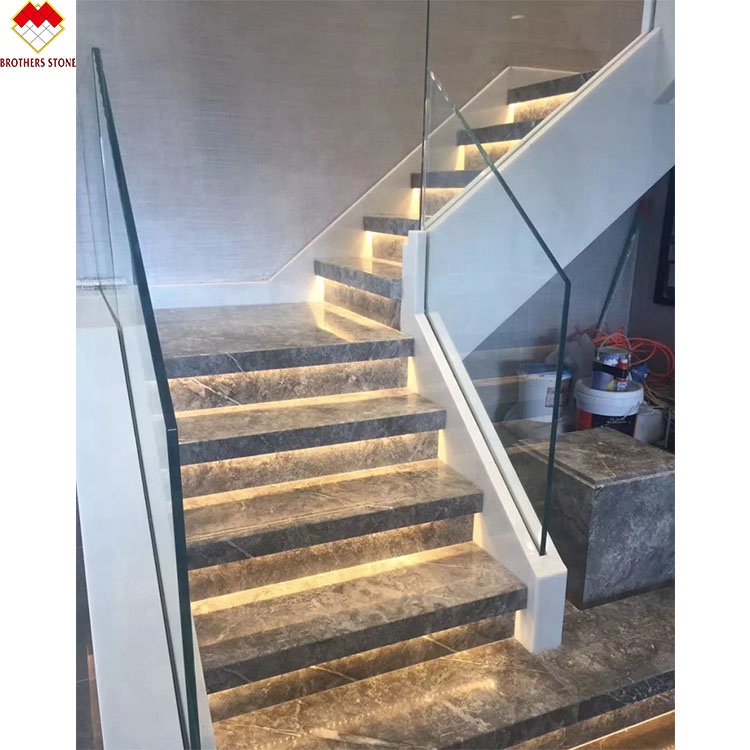 Customized White Marble Stair Step with Riser Designs Glass Railing in Spiral Design