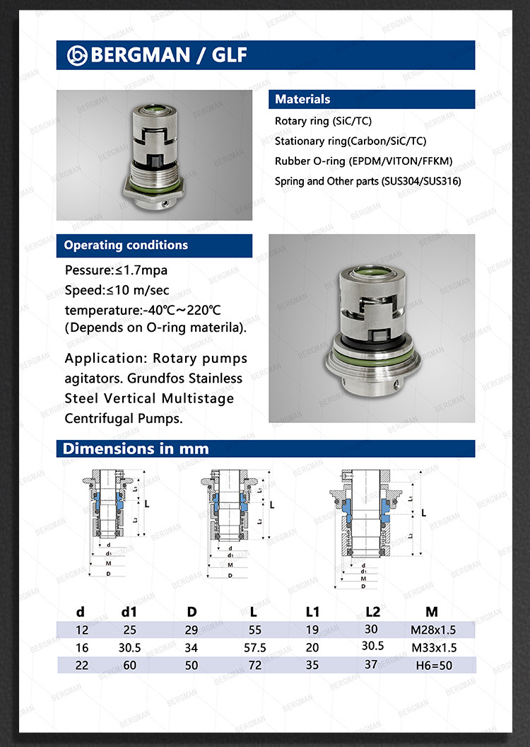 BERGMAN Replace Grundfos GLF-SRL-SA-32L 38L 50L 65Lmm Sewage Pump Mechanical Seal Cartridge Seal