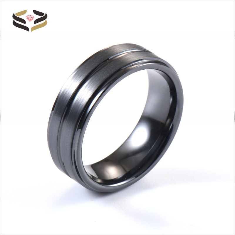Step Edge Black Ceramic Wedding Band 8mm Brushed Center Grooved For Men Anniversary Gift